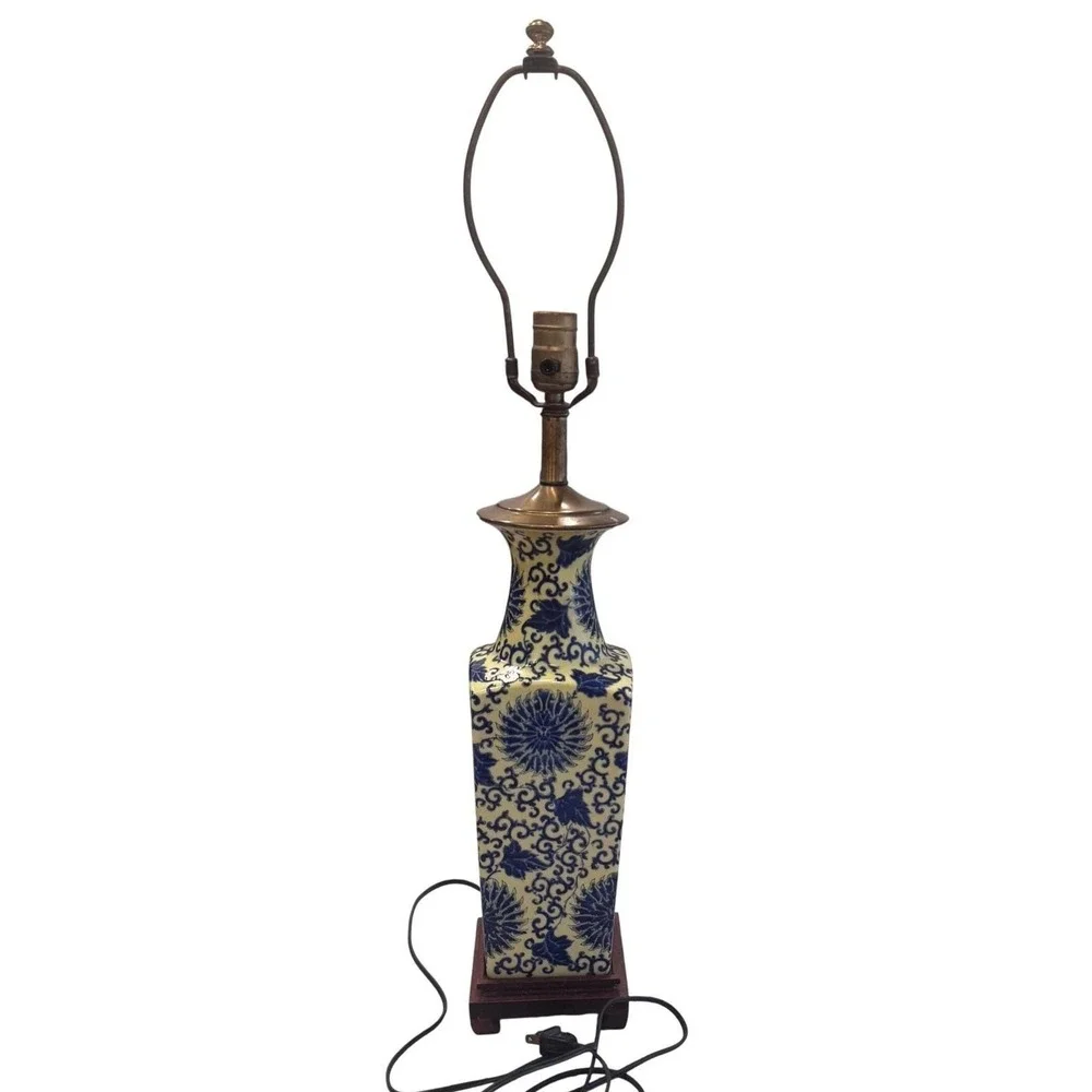 Vintage Blue Yellow Chinoiserie Porcelain Oriental Asian Decor Table Lamp EUC